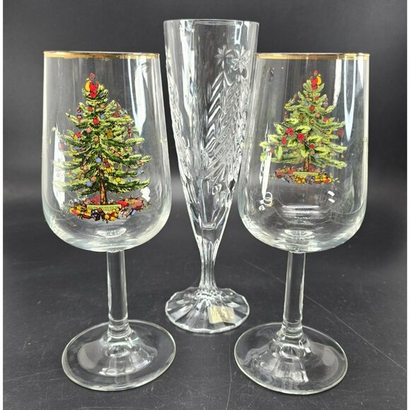 Vintage Spode Christmas Tree Wine Glasses and Mikasa Champagne Flute DH1370 - Picture 1 of 6
